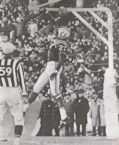 RC Owens, here as a back-up wide receiver for the Colts, once blocked a field goal try by deflecting the ball before it crossed the goal post. In 1962 he did it against the Redskins. The NFL would later make this an illegal infraction.