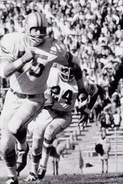 Rookie sensation Mel Farr follows veteran guard John Gordy (#75) during the 1967 NFL season. Detroit's first-round pick out of UCLA, Farr was named NFL Rookie of the Year after leading the Lions with 1,177 yards from scrimmage while also pacing the club with 39 receptions.