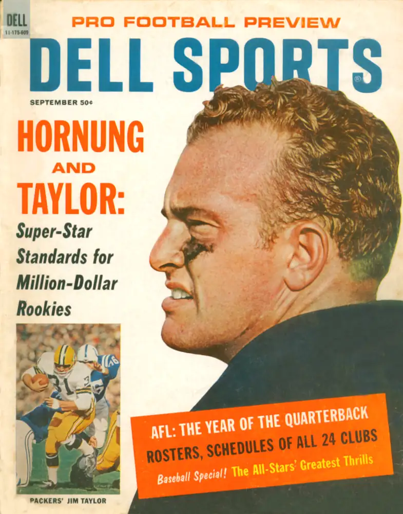 The Golden Boy, Paul Hornung is the focus of this 1966 Issue of Dell Sports. Unfortunately, a neck injury limited his playing time making this his last active season in Pro Football.