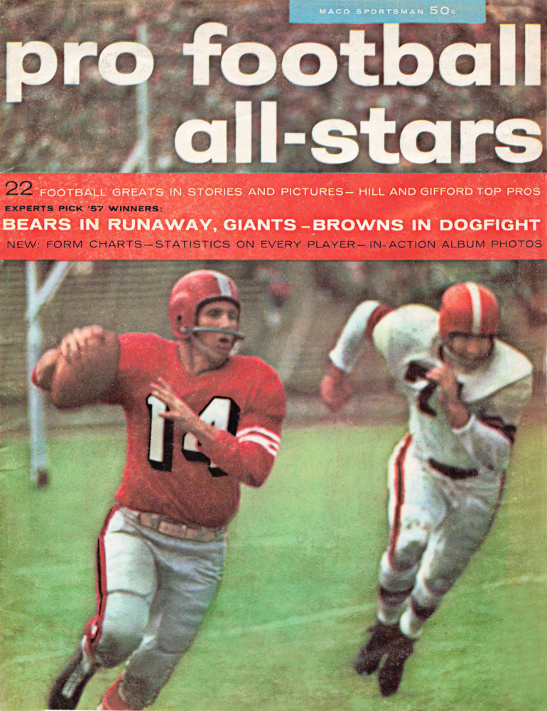 The 1957 Cover of Pro Football All Stars featuring 49er quarterback YA Tittle. In 1957 the 49ers were much improved from the previous season winning 8 games and 1st Place tie with Detroit in the West Division. Along with Tittle, the 49ers included some big names like <a href="https://nflpastplayers.com/rc-owens/" target="_blank"> RC Owens</a>, <a href="https://nflpastplayers.com/hugh-mcelhenny/" target="_blank">Hugh McElhenny</a> and <a href="https://nflpastplayers.com/joe-perry/" target="_blank"> Joe Perry</a>.